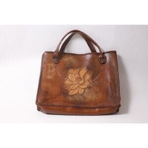 Vintage 70s Brown Hand-tooled Leather Tote Bag with Floral Embossed Design ~ 26